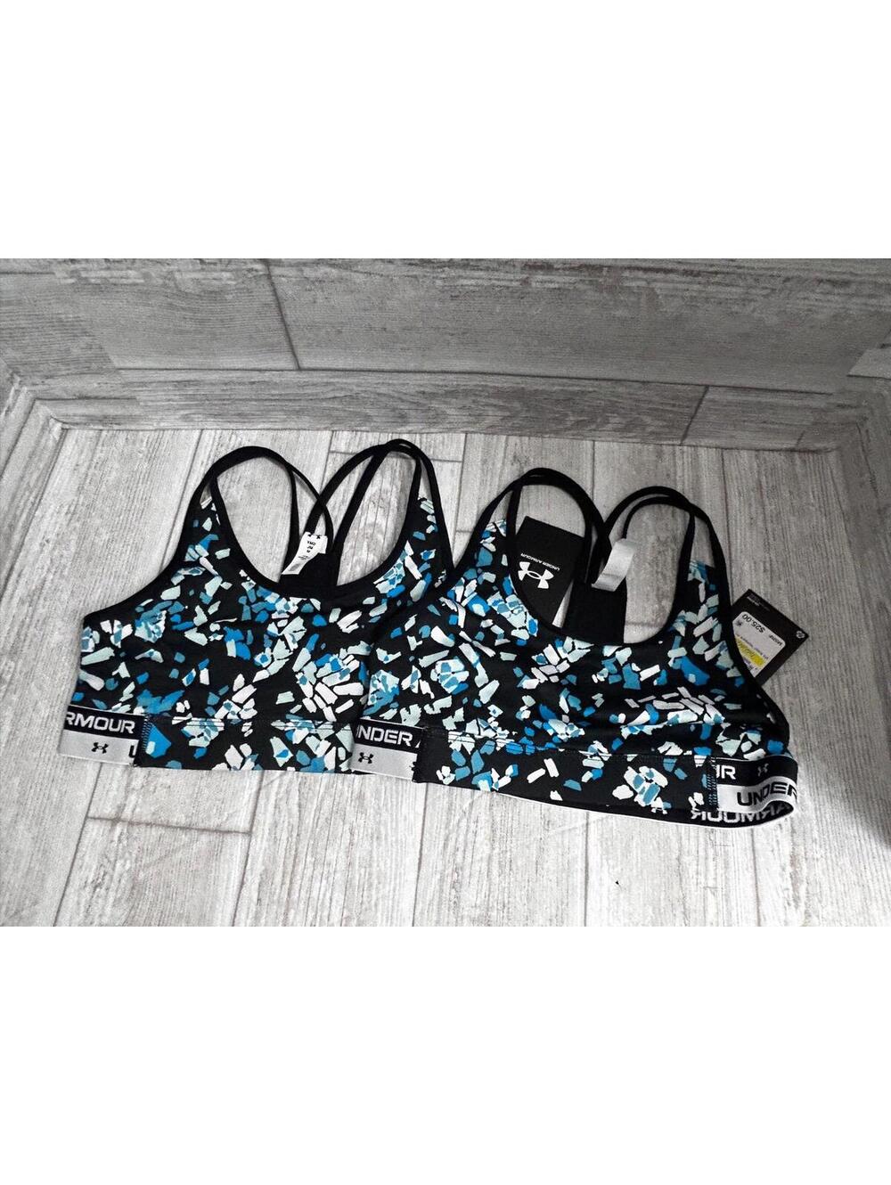 Under Armour Girls HeatGear Sports Bra Medium Blue Black White NWT Lot of 2